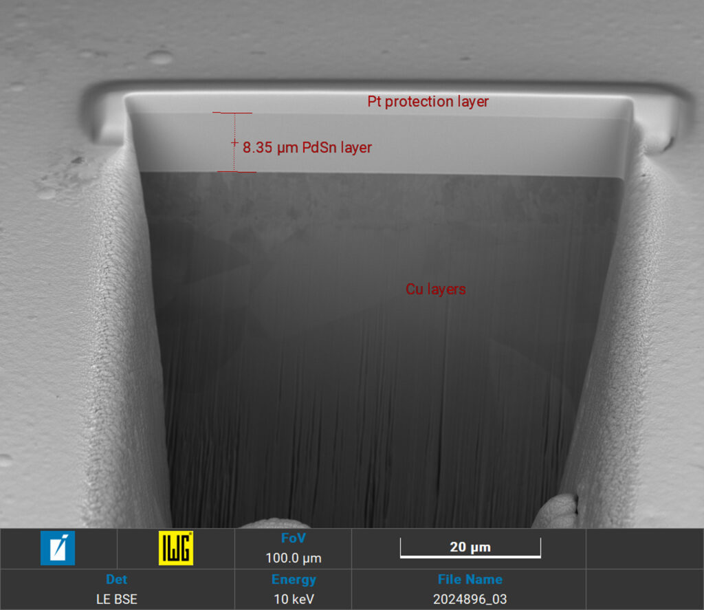 FIB-SEM Palladium-Zinn Schichten, Rissfrei